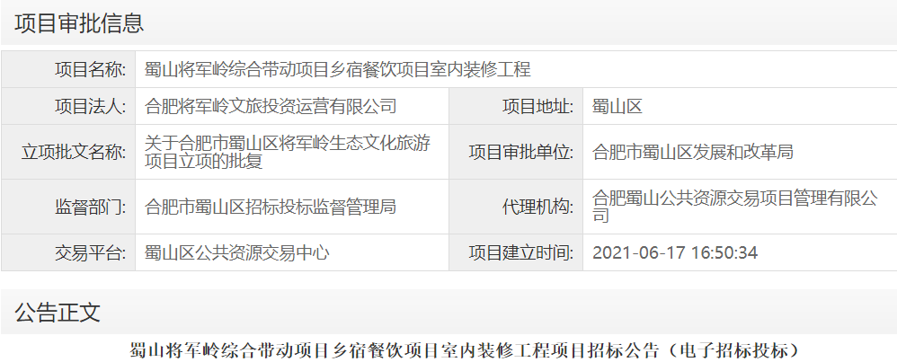 蜀山将军岭综合带动项目乡宿餐饮项目室内装修工程