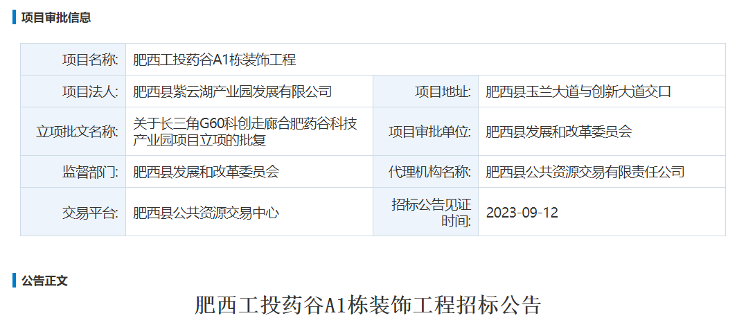 肥西工投药谷A1栋装饰工程